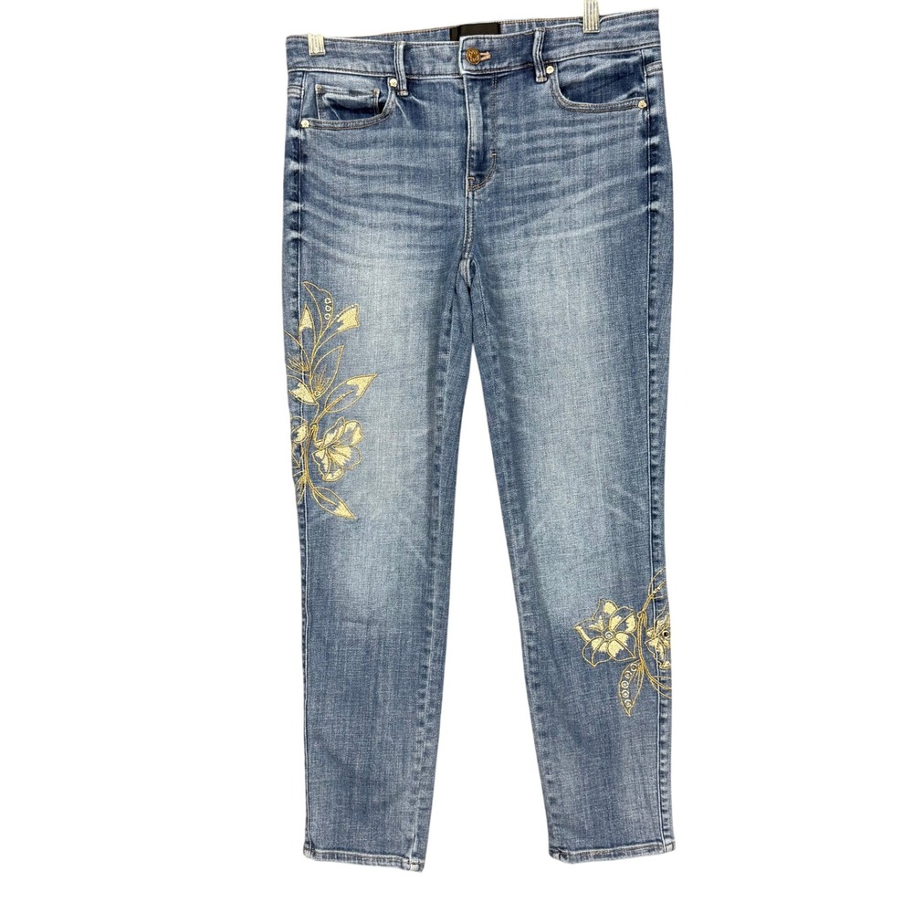 WHBM Girlfriend Jeans Women 4 Blue Mid-Rise Gold Floral Embroidery Stretch 30x27